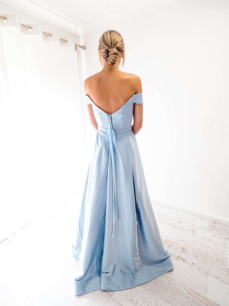 Baby blue satin off the shoulder dress with lace up back