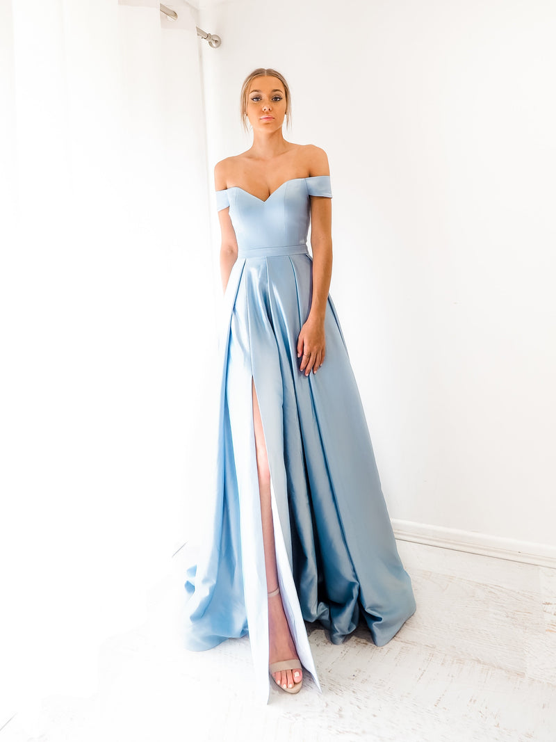 Elianna baby blue satin off the shoulder dress with lace up back (sample sale)