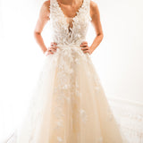 Ivory princess dress with V neck and 3D flower embroidery
