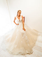 Antoinette ivory princess dress with V neck and 3D flower embroidery