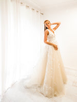 Antoinette ivory princess dress with V neck and 3D flower embroidery