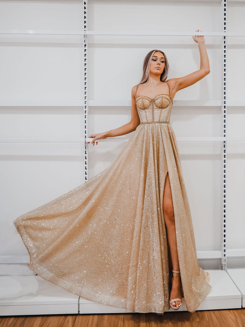 Sparkling gold bustier cup dress