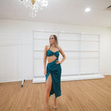 Two piece set in emerald green sequin fabric