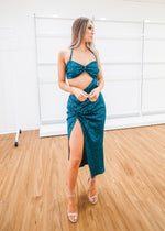 Two piece set in emerald green sequin fabric