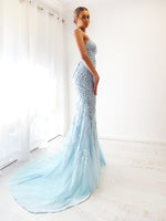 Baby blue tulle mermaid dress with criss-cross back for hire