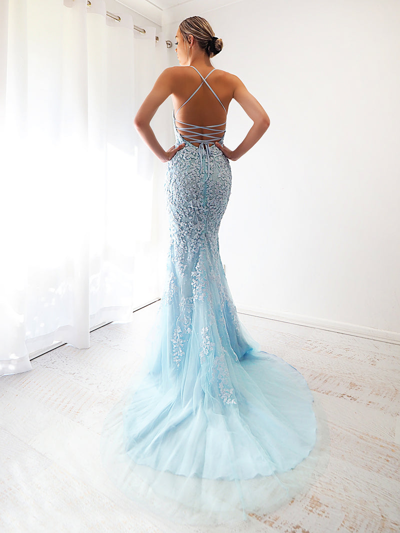 Baby blue tulle mermaid dress with criss-cross back