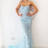 Baby blue tulle mermaid dress with criss-cross back for hire