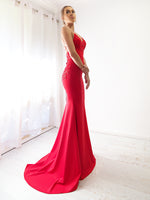 Red sequin lace stretch knit mermaid dress