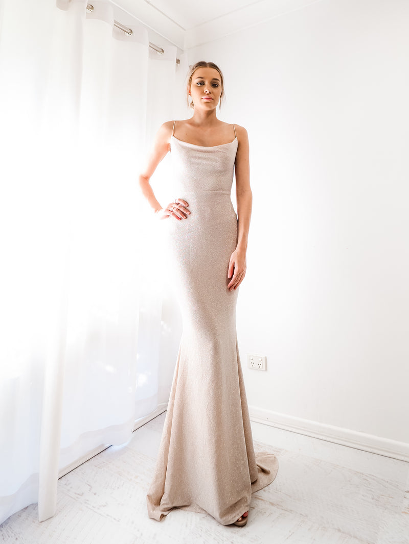 Cowl neck deals gold dress