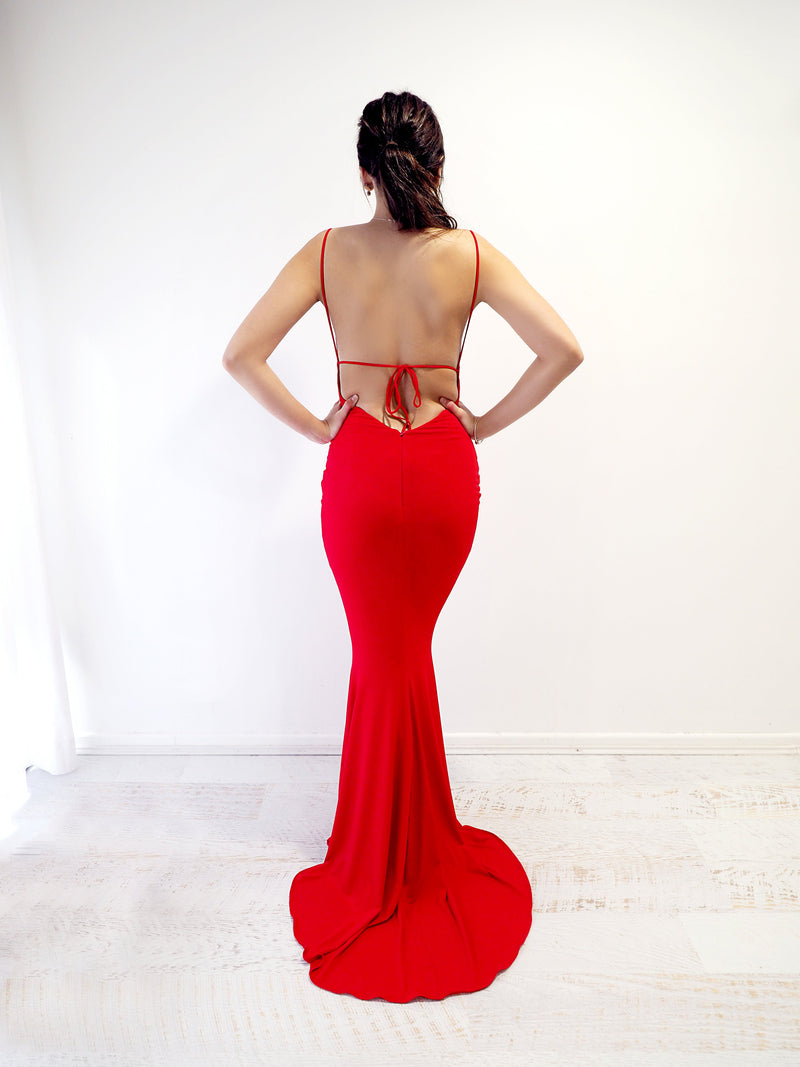 Red cowl neck red dress with strap back (sample sale)