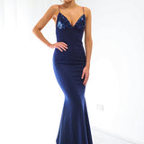 Midnight Blue sequin lace mermaid dress fore hire