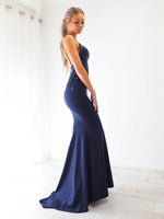 Irisa midnight Blue sequin lace mermaid dress fore hire