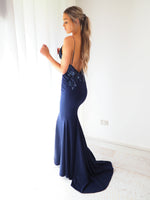 Irisa midnight Blue sequin lace mermaid dress fore hire