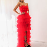 Red pleated layered high and low tulle dress for hire