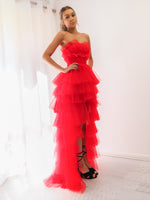 Red pleated layered high and low tulle dress for hire