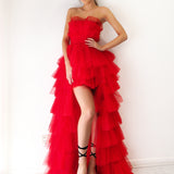 Red pleated layered high and low tulle dress for hire