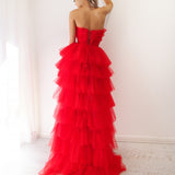 Red pleated layered high and low tulle dress