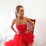 Red pleated layered high and low tulle dress for hire