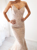 Gold lace mermaid dress with criss-cross back (sample sale)