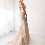 Gold lace mermaid dress with criss-cross back (sample sale)