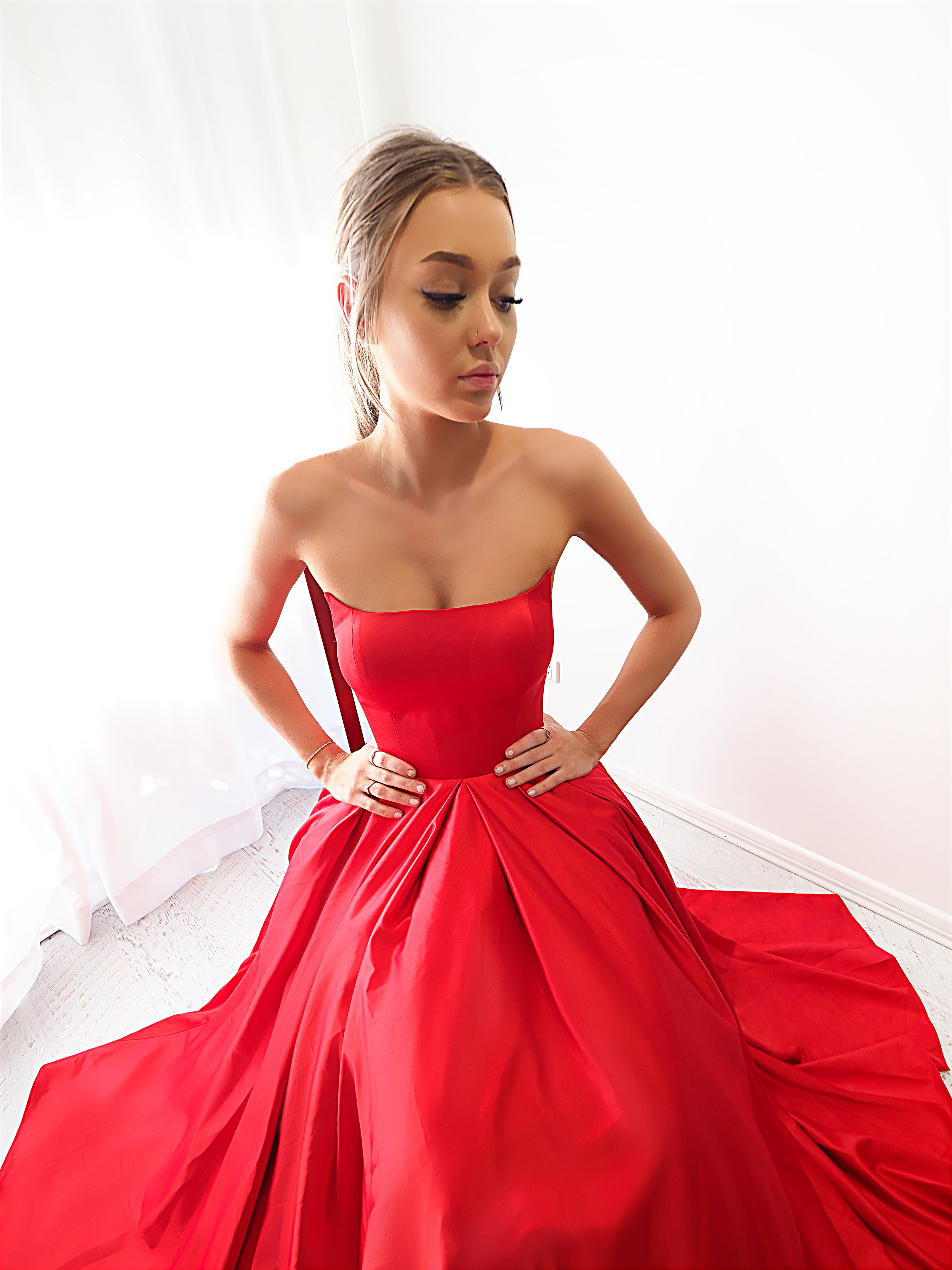 princess dress red Bright red satin princess dress with crescent moon neckline custom made