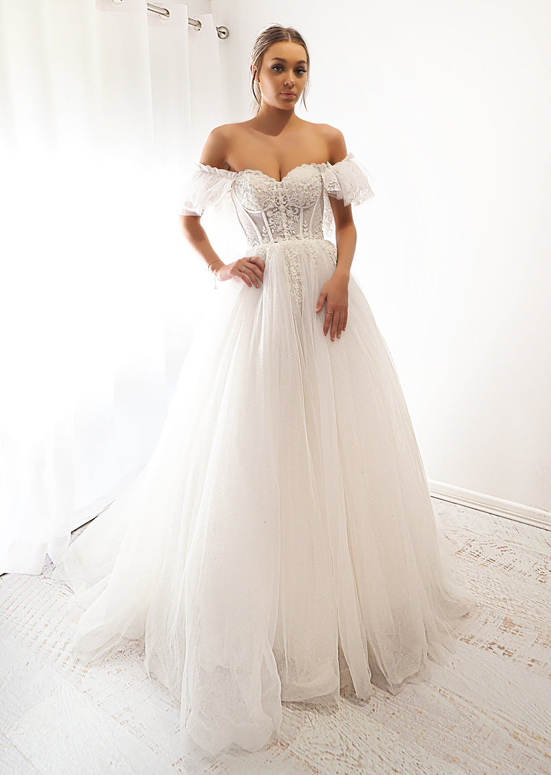 White bustier off the shoulder princess dress Destiny Chic