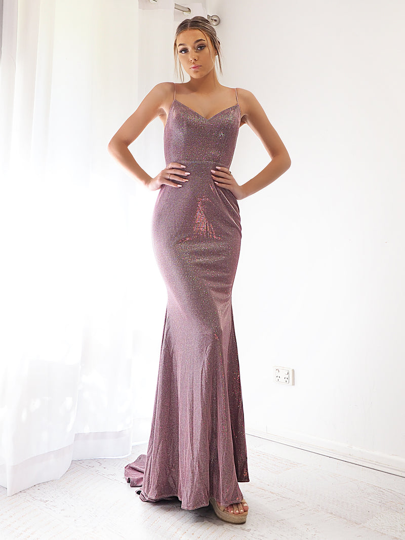 Ximena sparkling purplish pink mermaid dress with  laceup back for hire