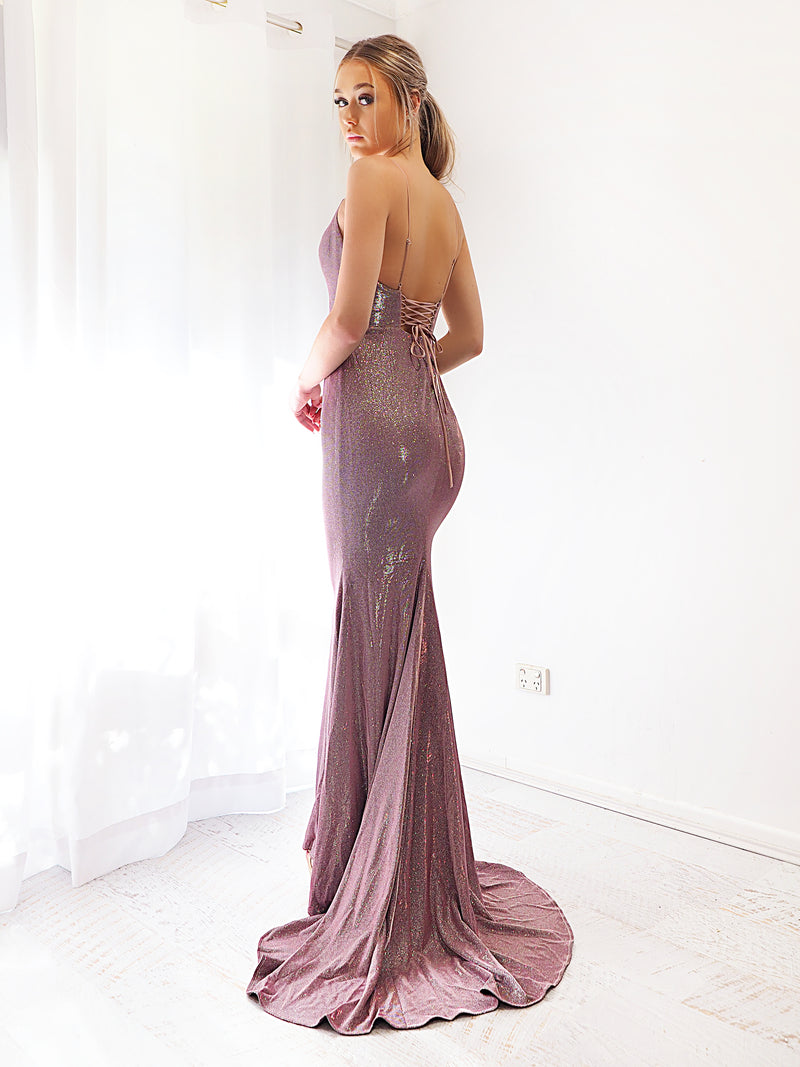 Ximena sparkling purplish pink mermaid dress with  laceup back for hire