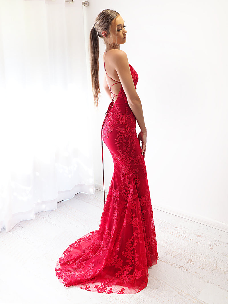 Deep red lace criss-cross back mermaid dress for hire
