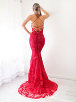 Deep red lace criss-cross back mermaid dress for hire