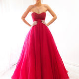 Sparkling dark red tulle dress with beaded top for hire