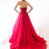 Sparkling dark red tulle dress with beaded top for hire