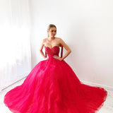 Sparkling dark red tulle dress with beaded top for hire