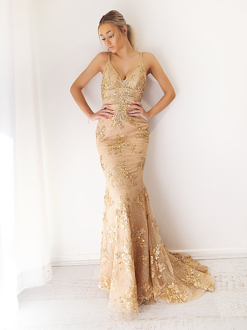 Gold sequin hand beaded top sparkling mermaid dress