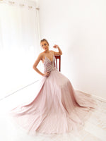Pastel Mauve tulle dress with beaded lace top