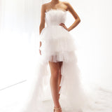 White pleated layered high and low tulle dress for hire