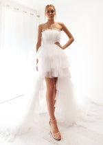 White pleated layered high and low tulle dress for hire