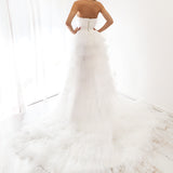 White pleated layered high and low tulle dress for hire