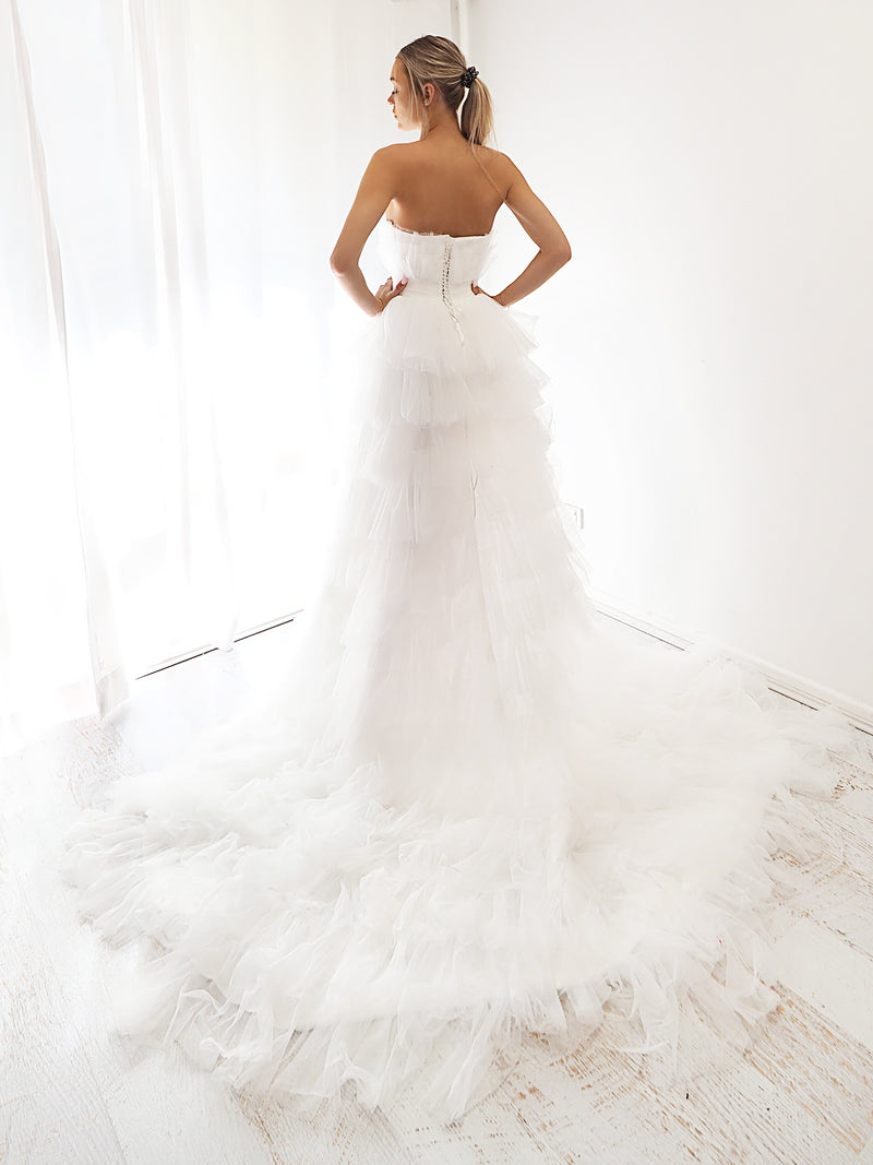 White pleated layered high and low tulle dress for hire