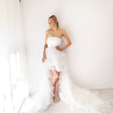 White pleated layered high and low tulle dress for hire