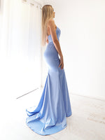 Periwinkle Blue Satin mermaid dress with slit (sample sale)