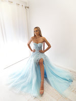 Baby blue tulle bustier strapless princess dress with slit