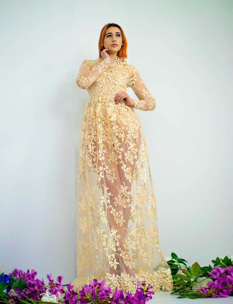 Oh my goddess gold lace dress
