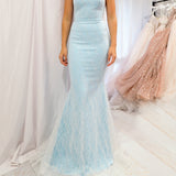 Blue sparkling mermaid dress crescent moon neckline