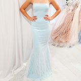 Blue sparkling mermaid dress crescent moon neckline