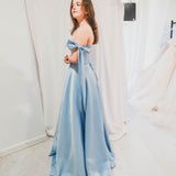 Bustier corset baby blue dress with self-tie bows for hire