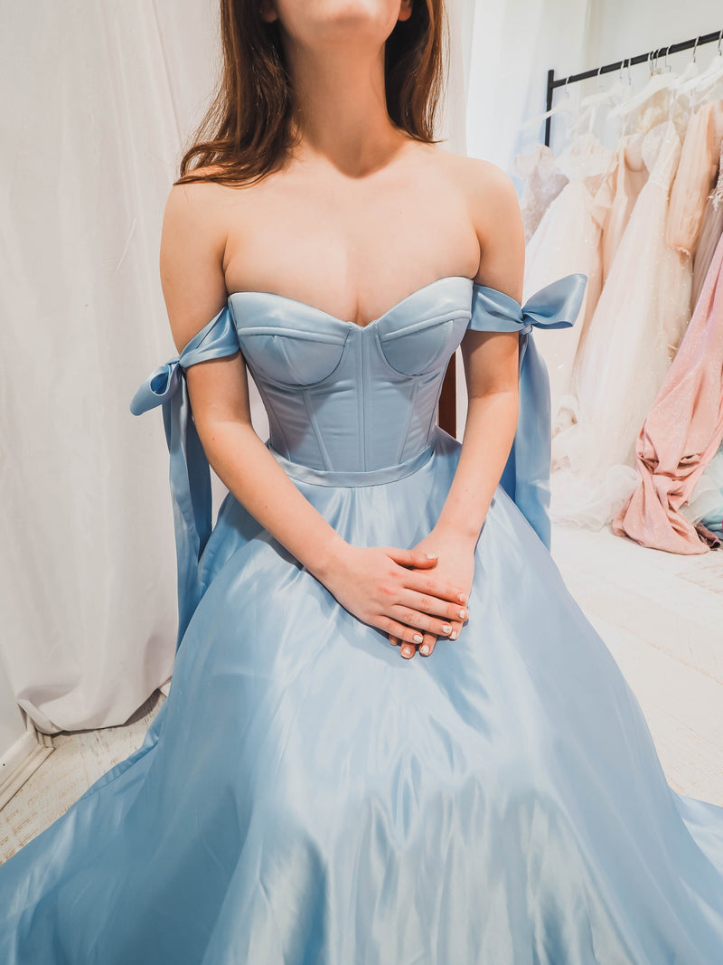 Bustier corset baby blue dress with self-tie bows