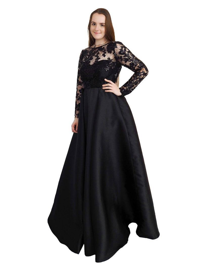Black taffeta dress with lace top and long sleeves
