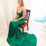 Rachel emerald green satin mermaid dress with cris-cross back