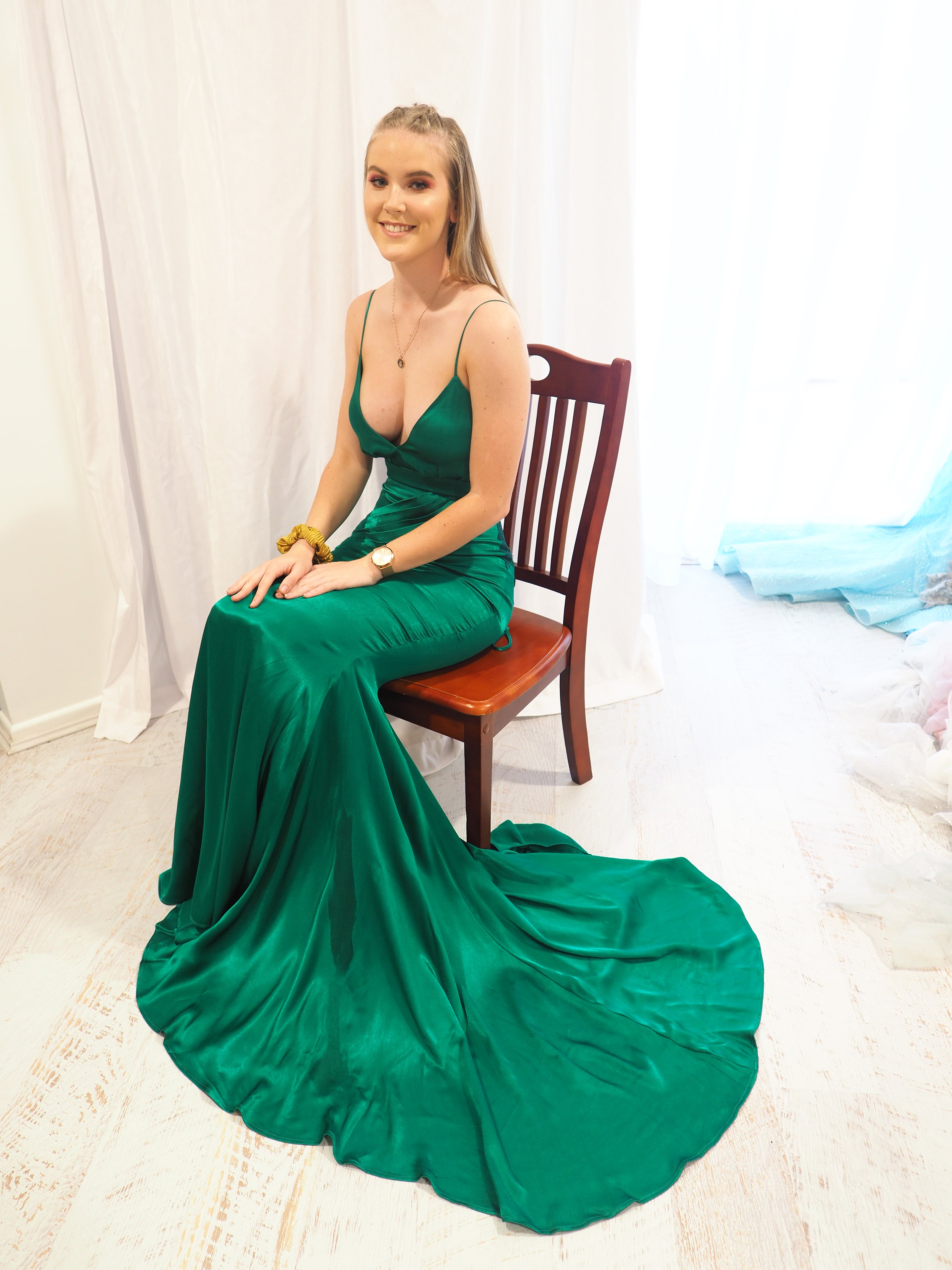 Rachel emerald green satin mermaid dress with cris-cross back Destiny Chic Rachel emerald green satin mermaid dress with cris-cross back Destiny Chic